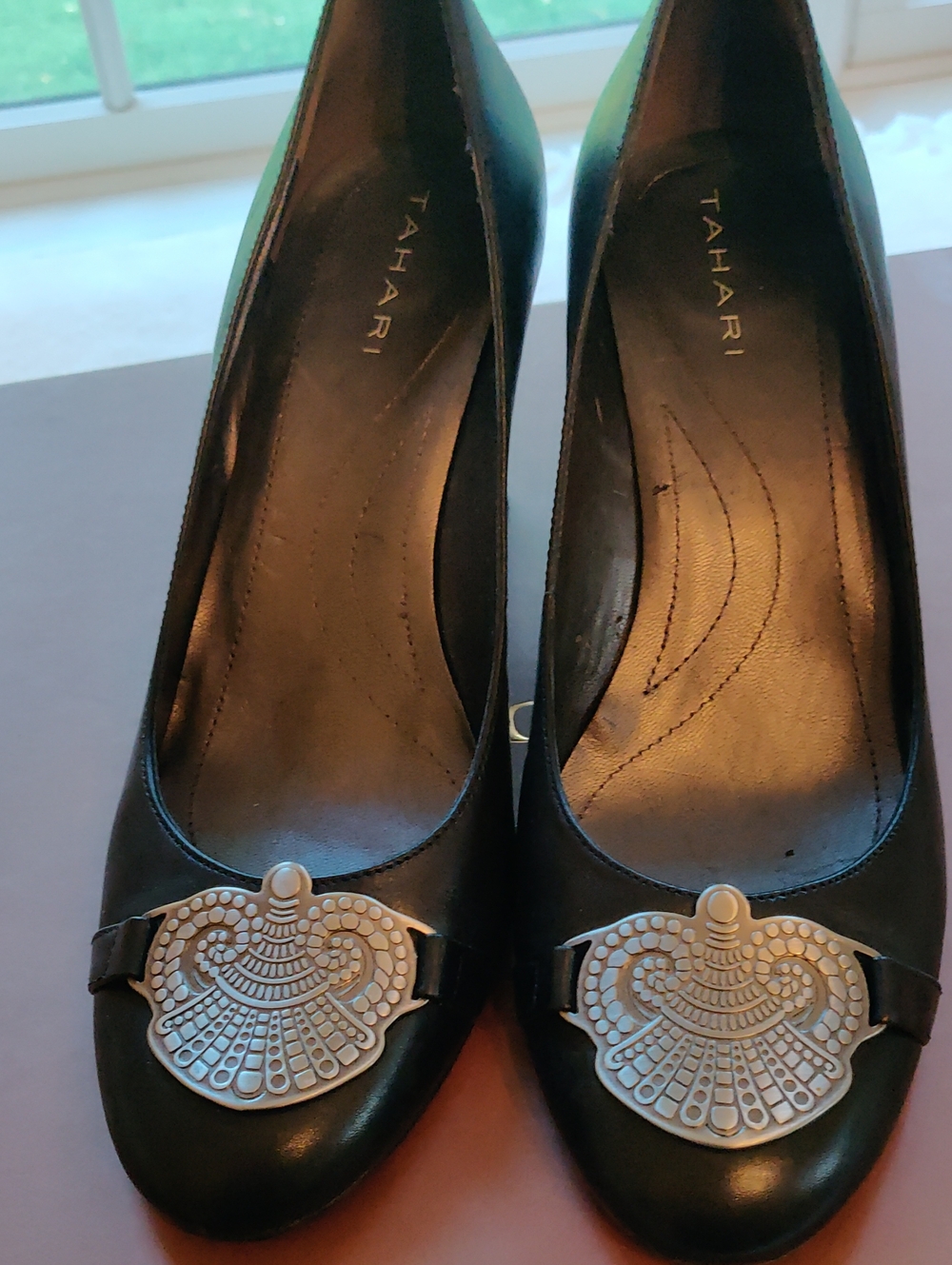 Tahari Black Leather Heels with Silver Decorative Medallions